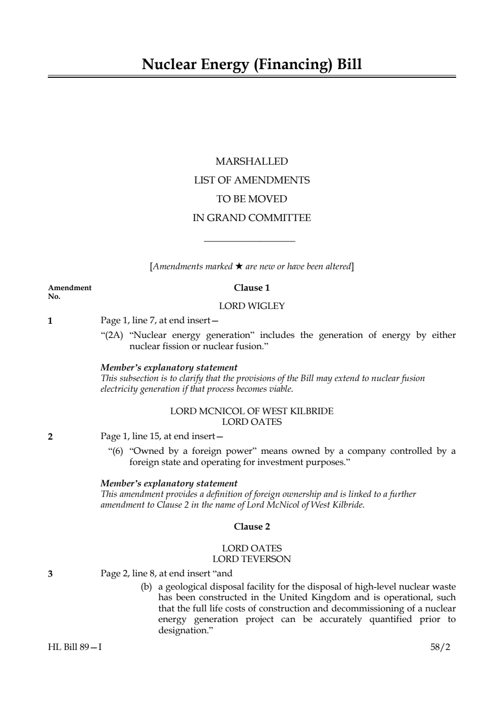 Nuclear Energy (Financing) Bill Marshalled List of Amendments to be moved in Grand Committee