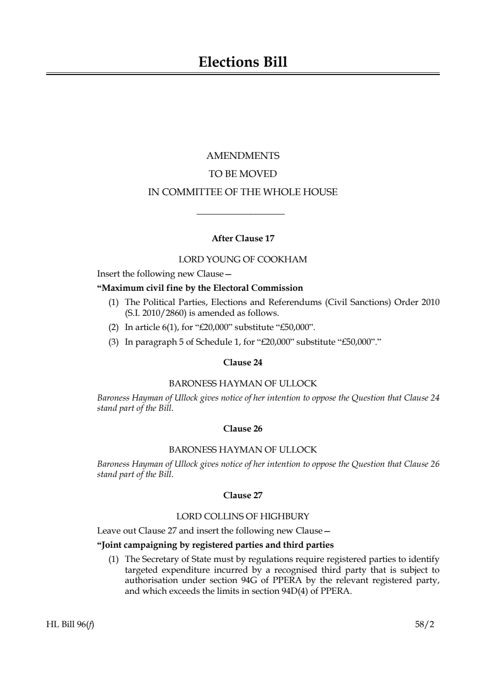 Elections Bill Amendments to be moved in Committee of the Whole House