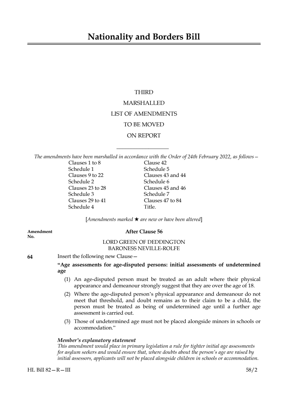 Nationality and Borders Bill Third Marshalled List of Amendments to be moved on report