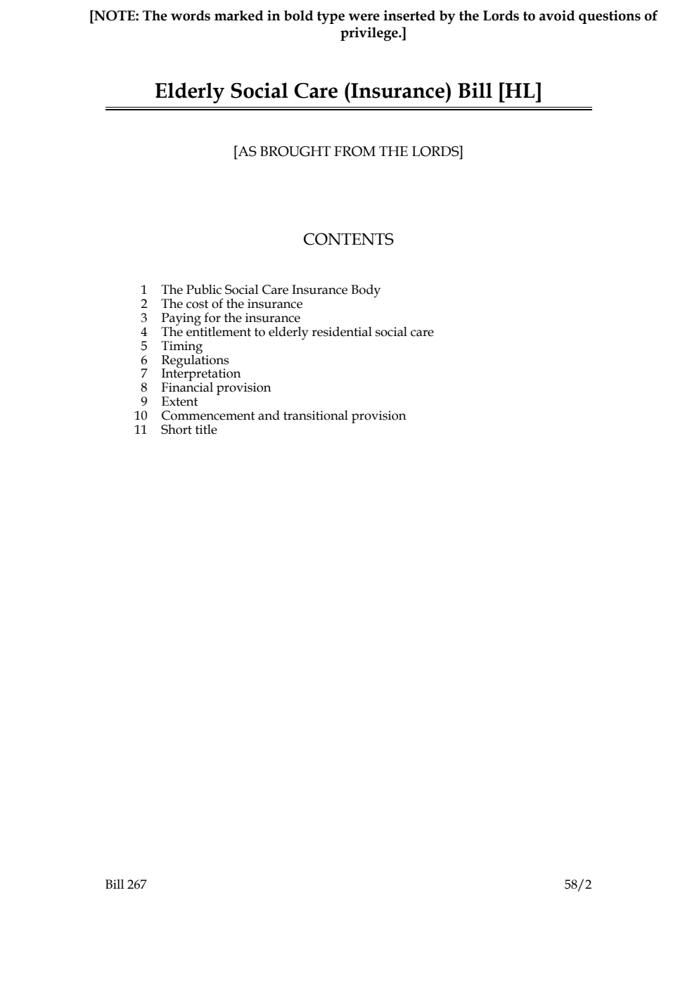 Elderly Social Care (Insurance) Bill [as brought from the Lords]