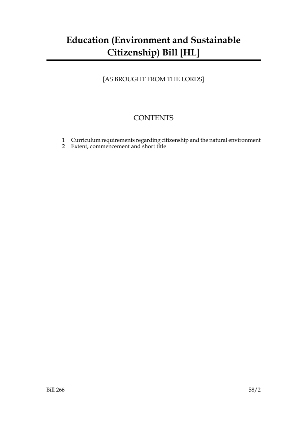 Education (Environment and Sustainable Citizenship) Bill [as brought from the Lords]