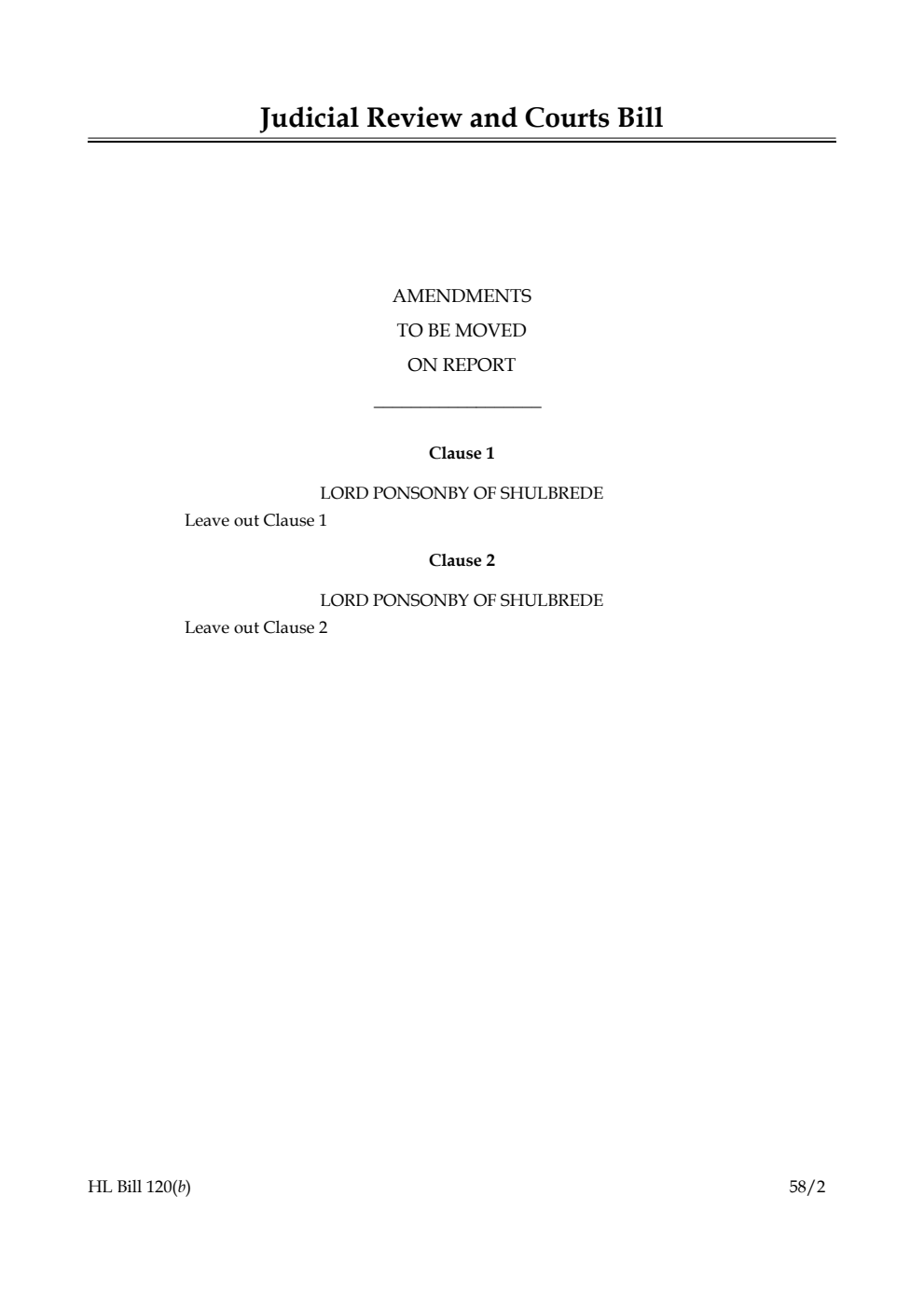 Judicial Review and Courts Bill Amendments to be moved on Report