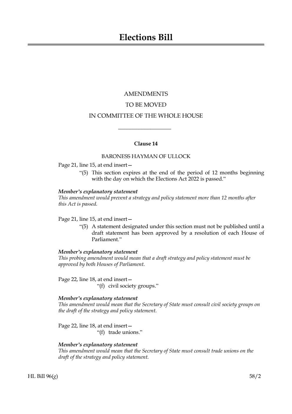 Elections Bill Amendments to be moved in Committee of the Whole House