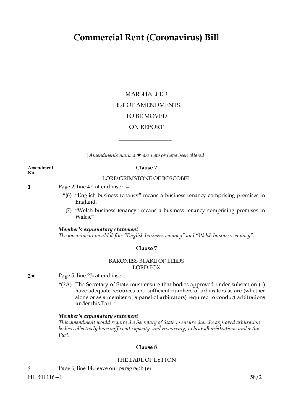Commercial Rent (Coronavirus) Bill Marshalled List of Amendments to be moved on report