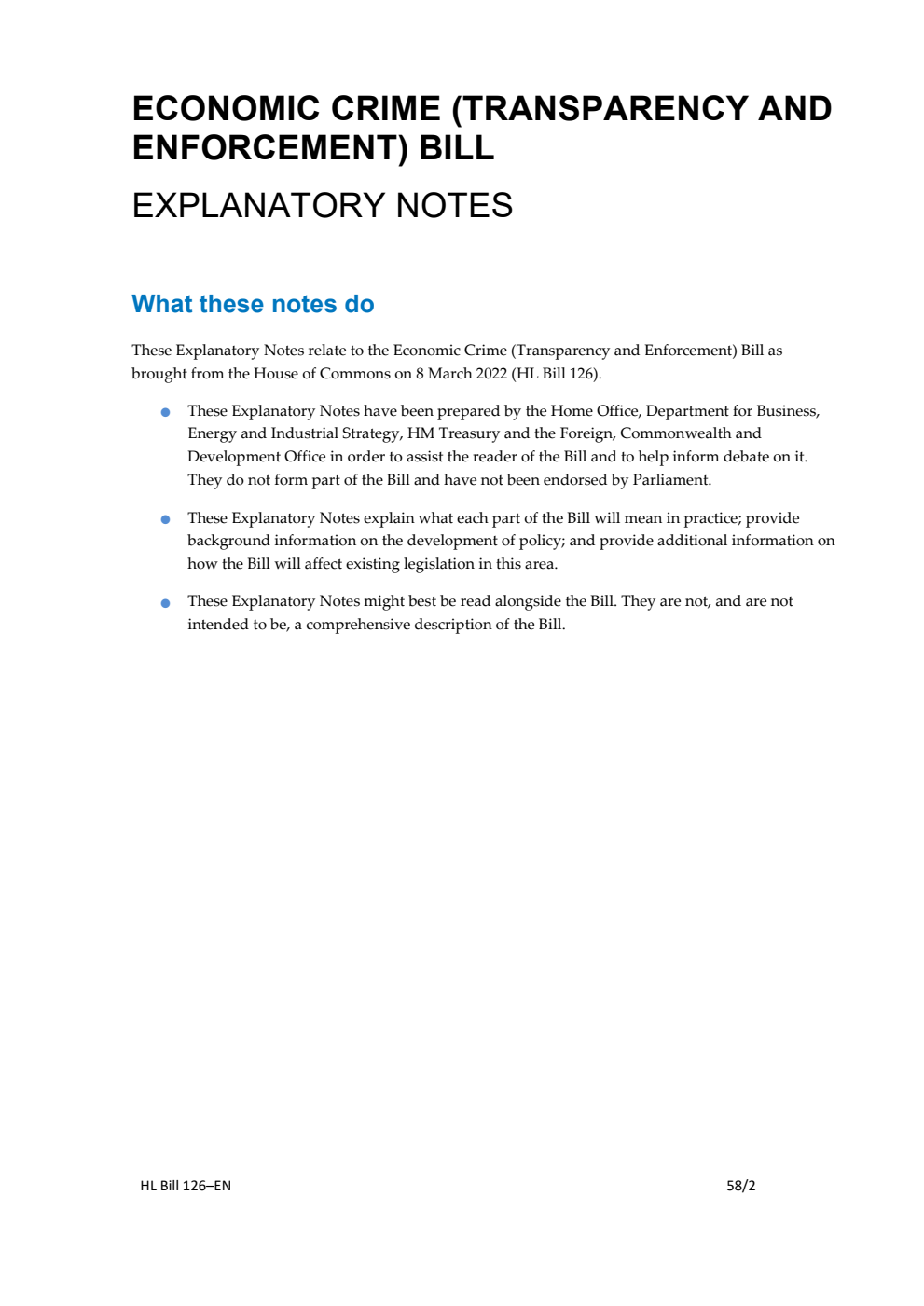 Economic Crime (Transparency and Enforcement) Bill Explanatory Notes