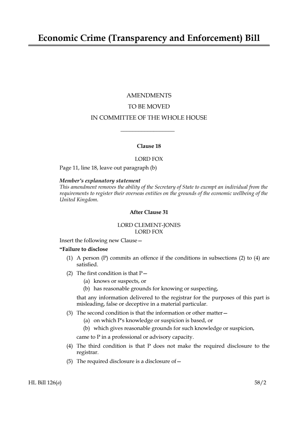 Economic Crime (Transparency and Enforcement) Bill Amendments to be moved in Committee of the Whole House