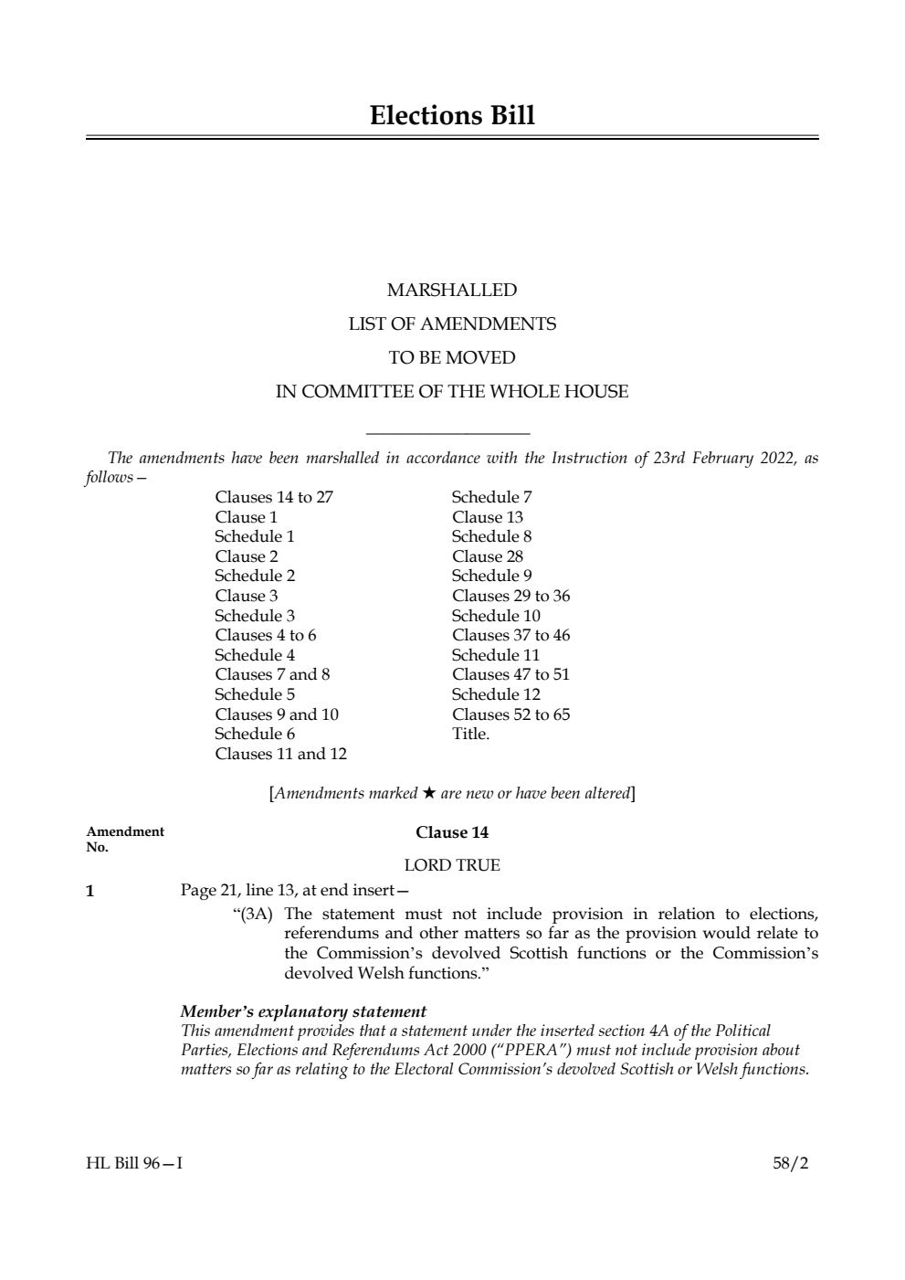Elections Bill Marshalled List of Amendments to be moved in Committee of the Whole House
