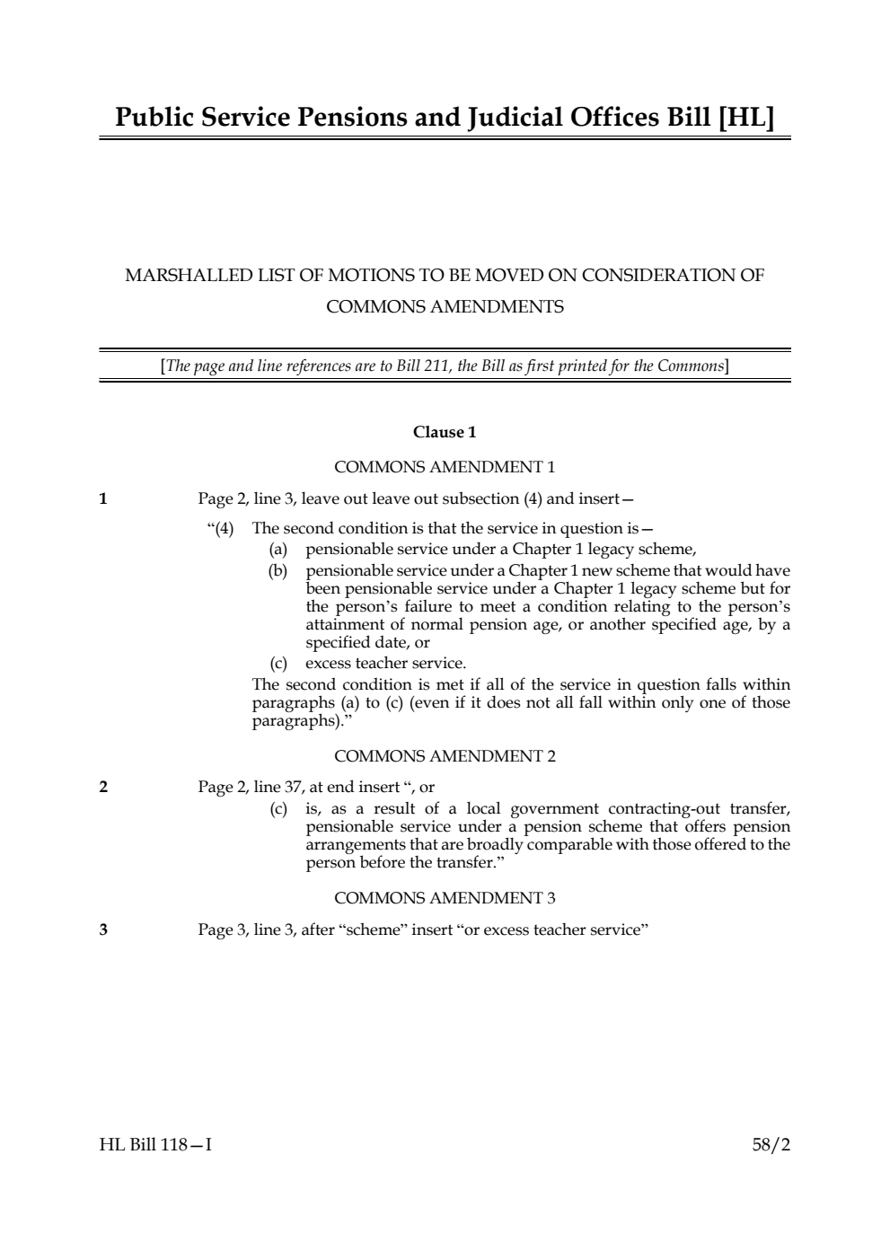 Public Service Pensions and Judicial Offices Bill Marshalled List of motions to be moved on consideration of Commons amendments