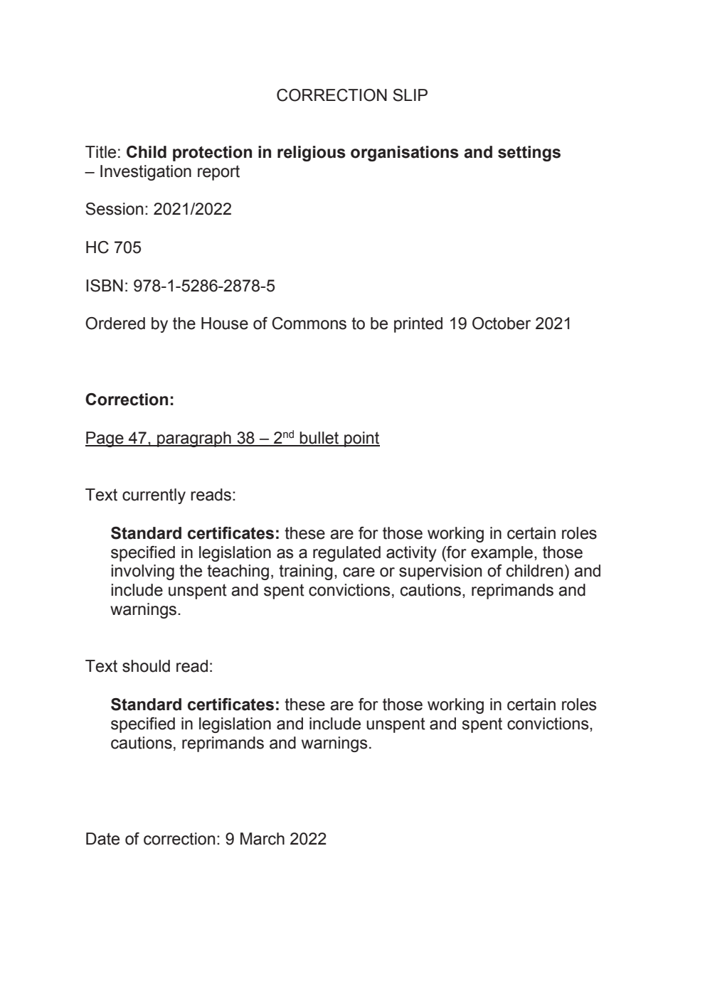 Child protection in religious organisations and settings. Investigation Report, September 2021. Correction Slip, March 2022