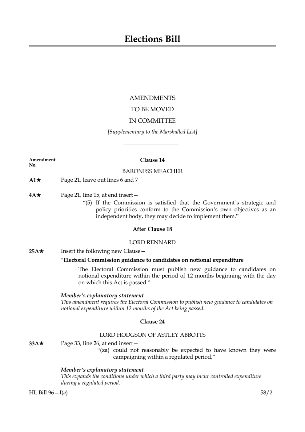 Elections Bill Amendments to be moved in Committee [Supplementary to the Marshalled List]