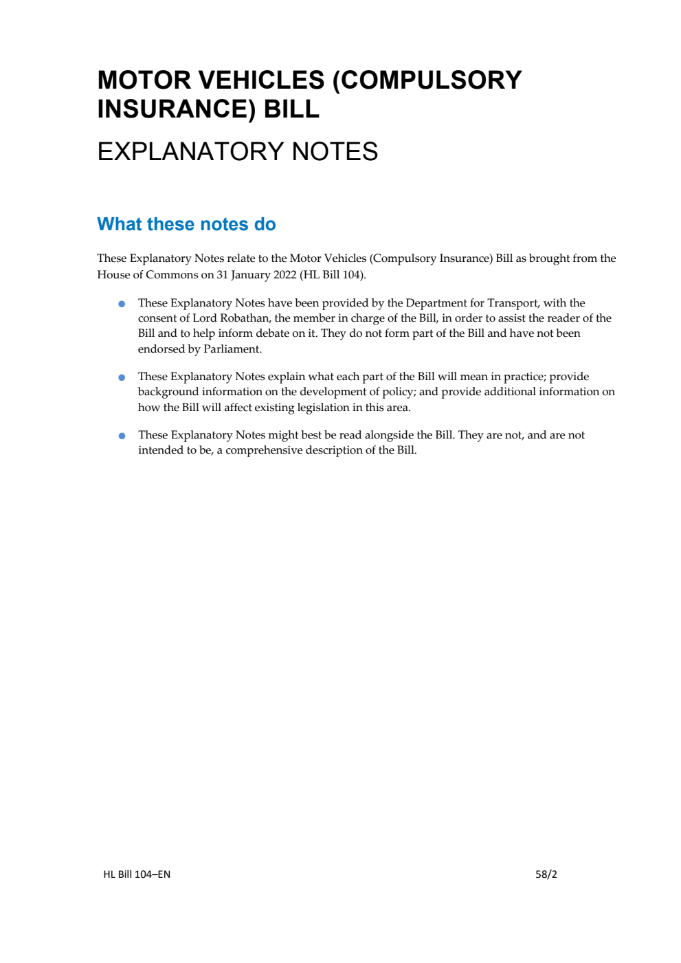 Motor Vehicles (Compulsory Insurance) Bill Explanatory Notes