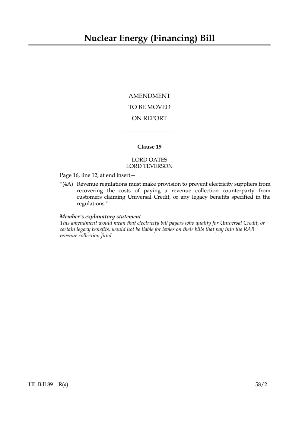 Nuclear Energy (Financing) Bill Amendment to be moved on Report