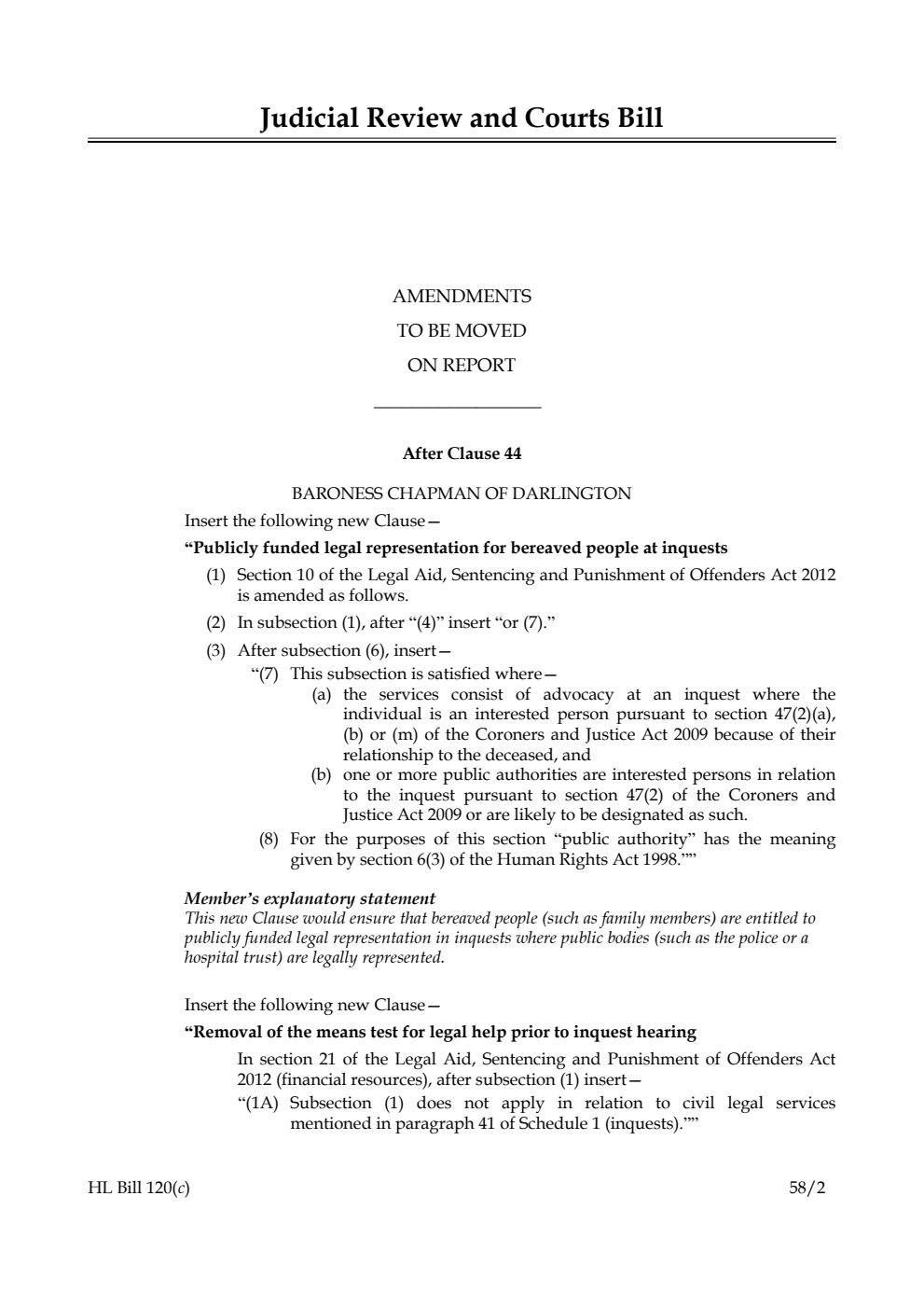 Judicial Review and Courts Bill Amendments to be moved on Report