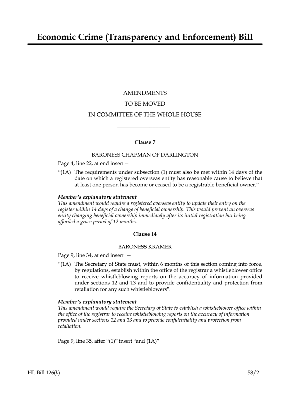 Economic Crime (Transparency and Enforcement) Bill Amendments to be moved in Committee of the Whole House