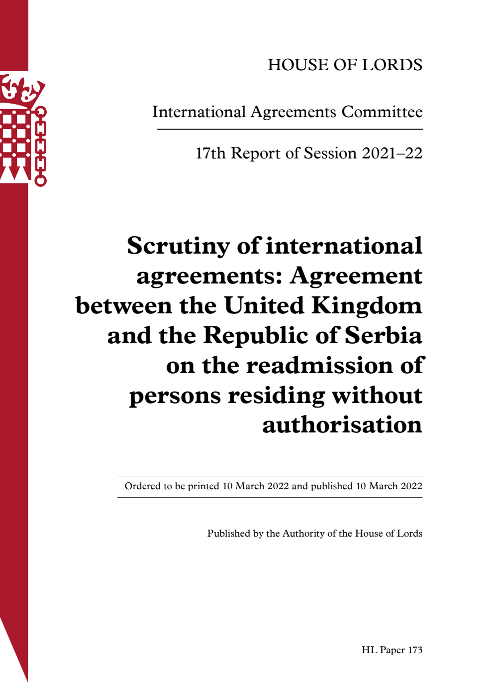 International Agreements Committee 17th Report. Scrutiny of international agreements: Agreement between the United Kingdom and the Republic of Serbia on the readmission of persons residing without authorisation