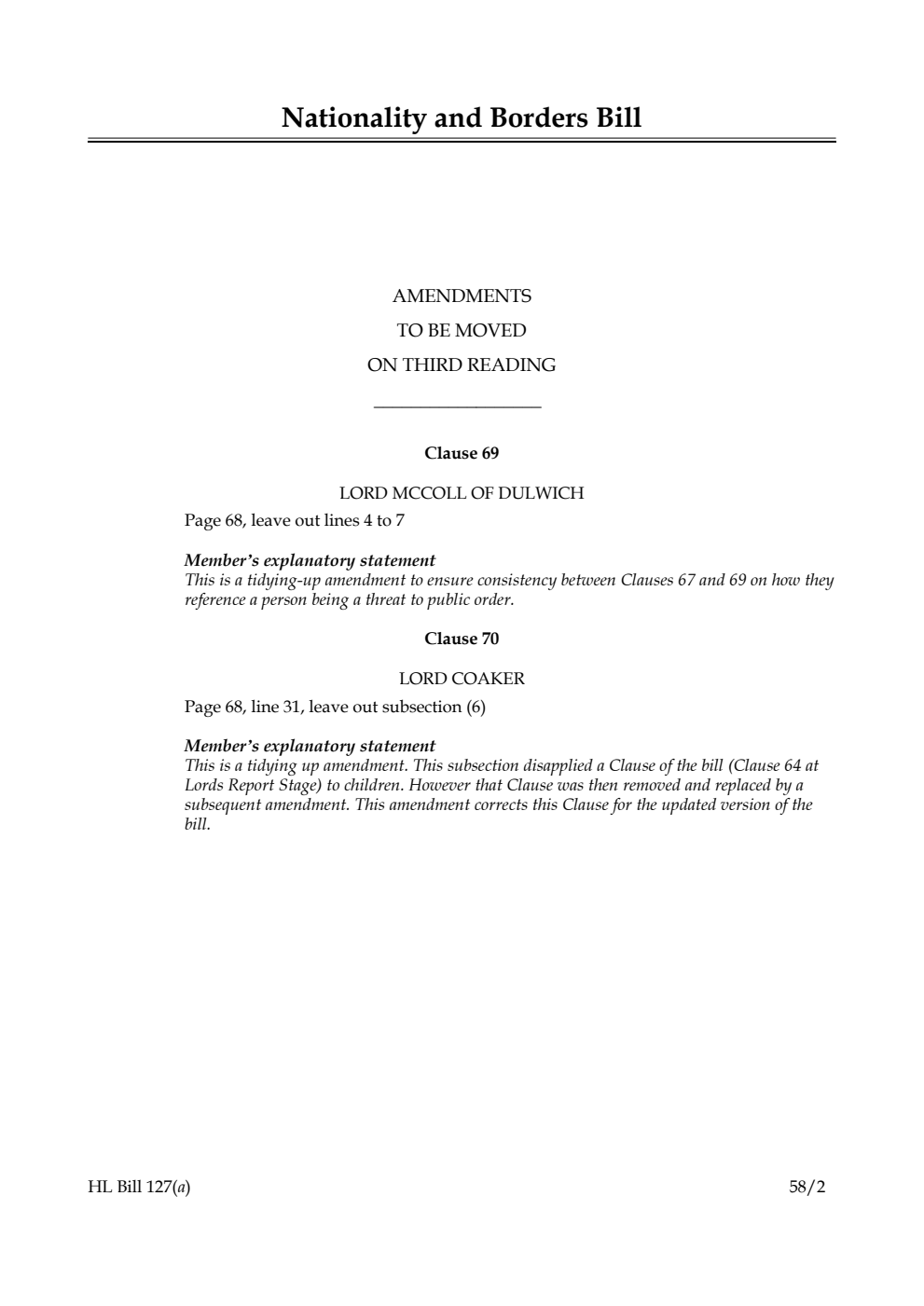 Nationality and Borders Bill Amendments to be moved on third reading