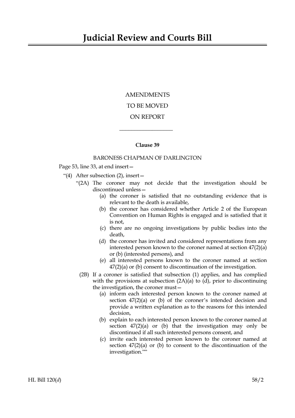 Judicial Review and Courts Bill Amendments to be moved on Report