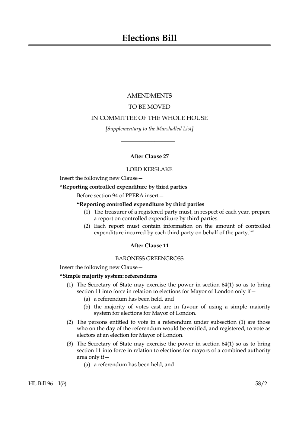 Elections Bill Amendments to be moved in Committee of the Whole House [Supplementary to the Marshalled List]