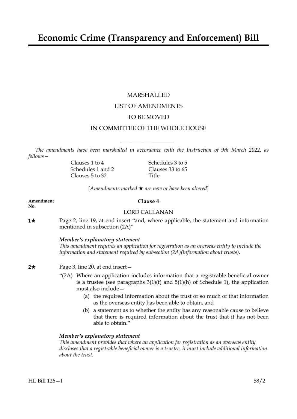 Economic Crime (Transparency and Enforcement) Bill Marshalled List of Amendments to be moved in Committee of the Whole House