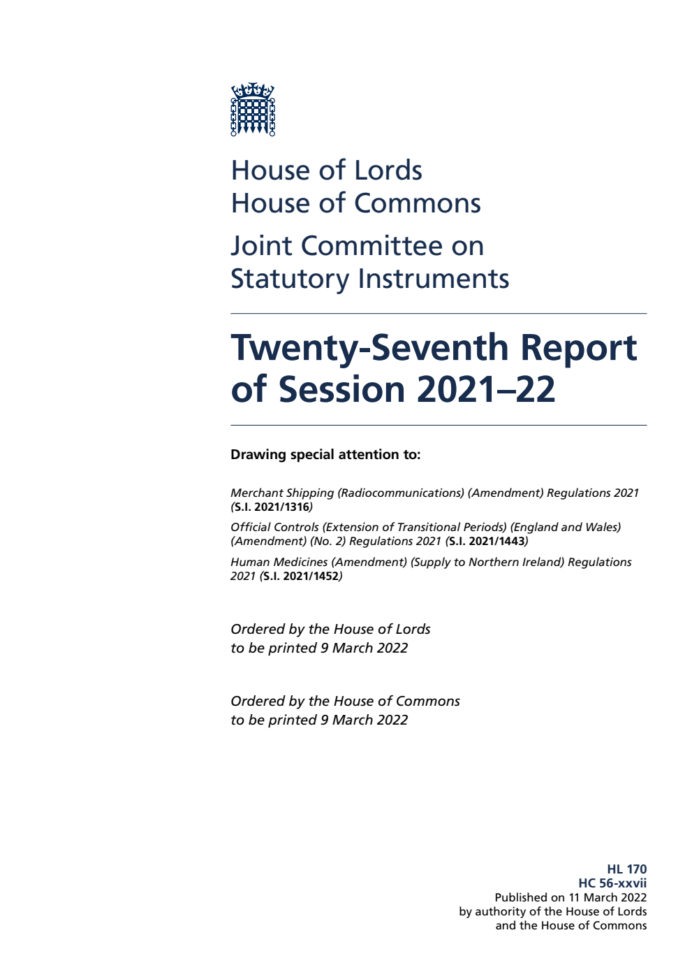 Joint Committee on Statutory Instruments 27th Report of Session 2021-22