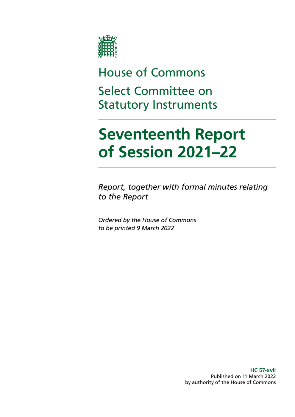 Statutory Instruments Committee 17th Report of Session 2021-22