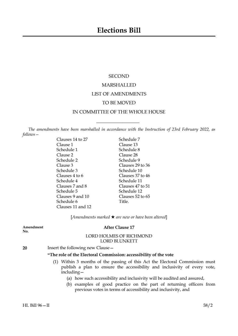 Elections Bill Second Marshalled List of Amendments to be moved in Committee of the Whole House