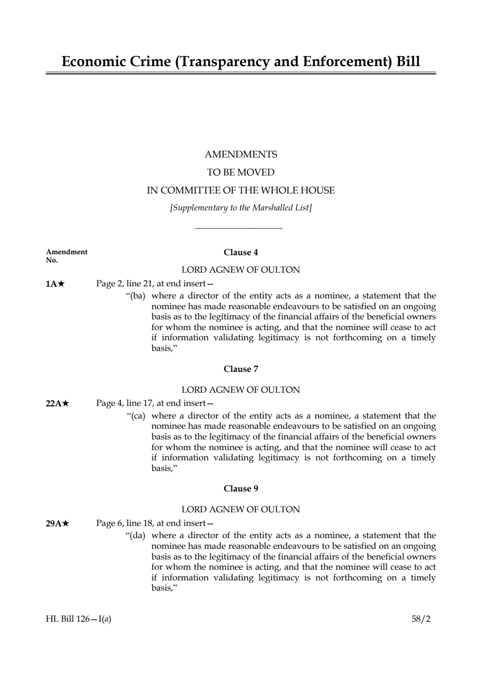 Economic Crime (Transparency and Enforcement) Bill Amendments to be moved in Committee of the Whole House [Supplementary to the Marshalled List]