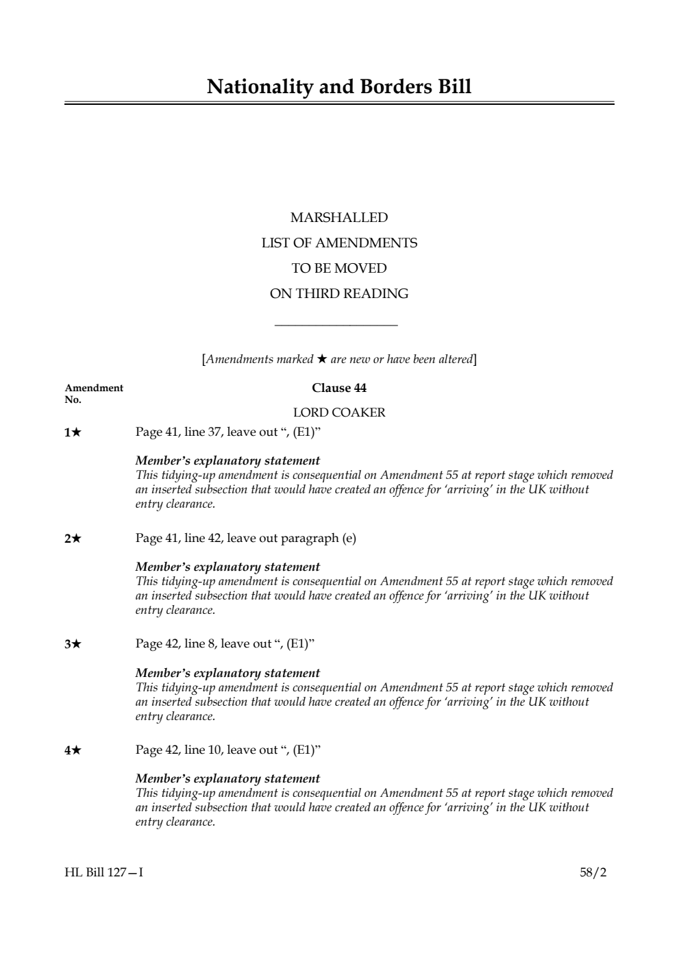 Nationality and Borders Bill Marshalled List of amendments to be moved on third reading