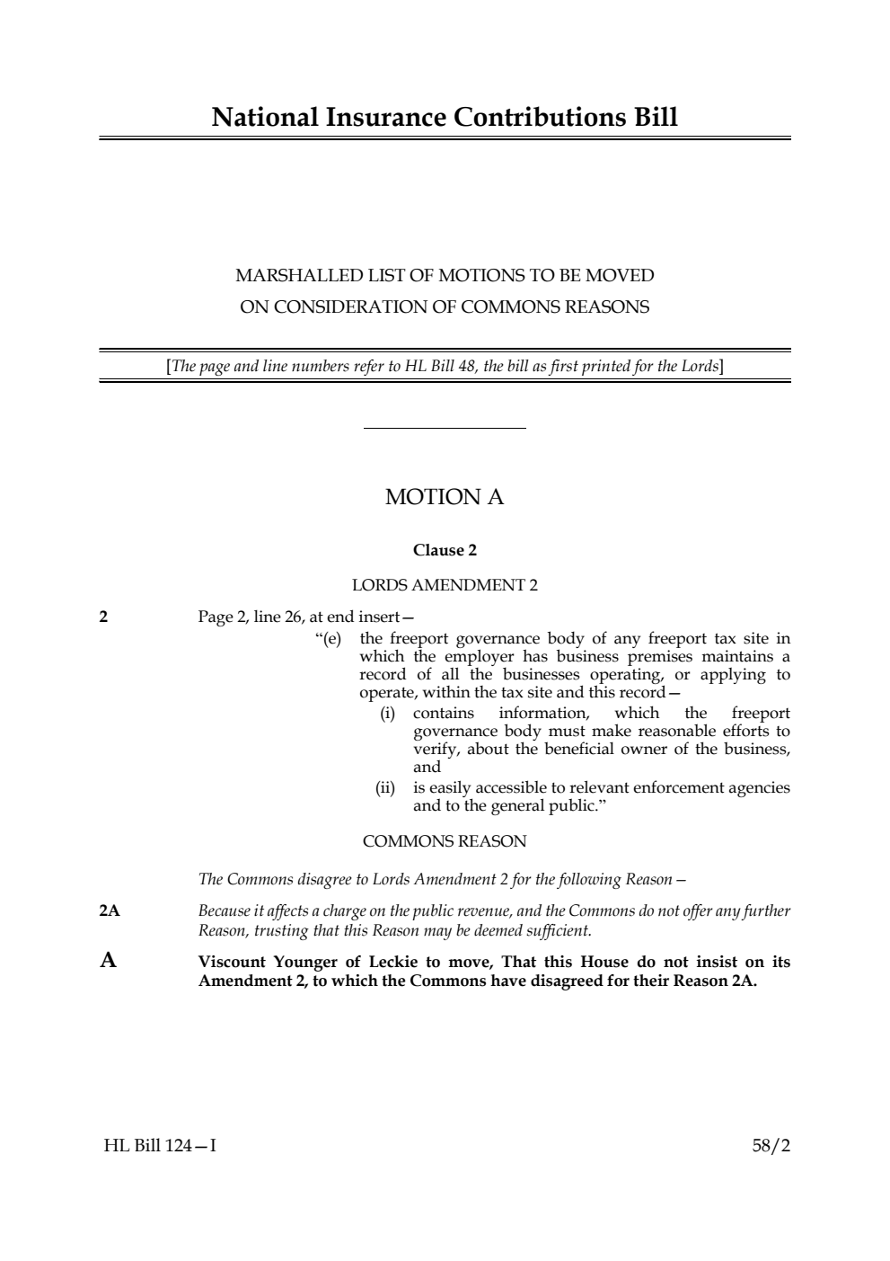 National Insurance Contributions Bill Marshalled List of motions to be moved on consideration of Commons reasons
