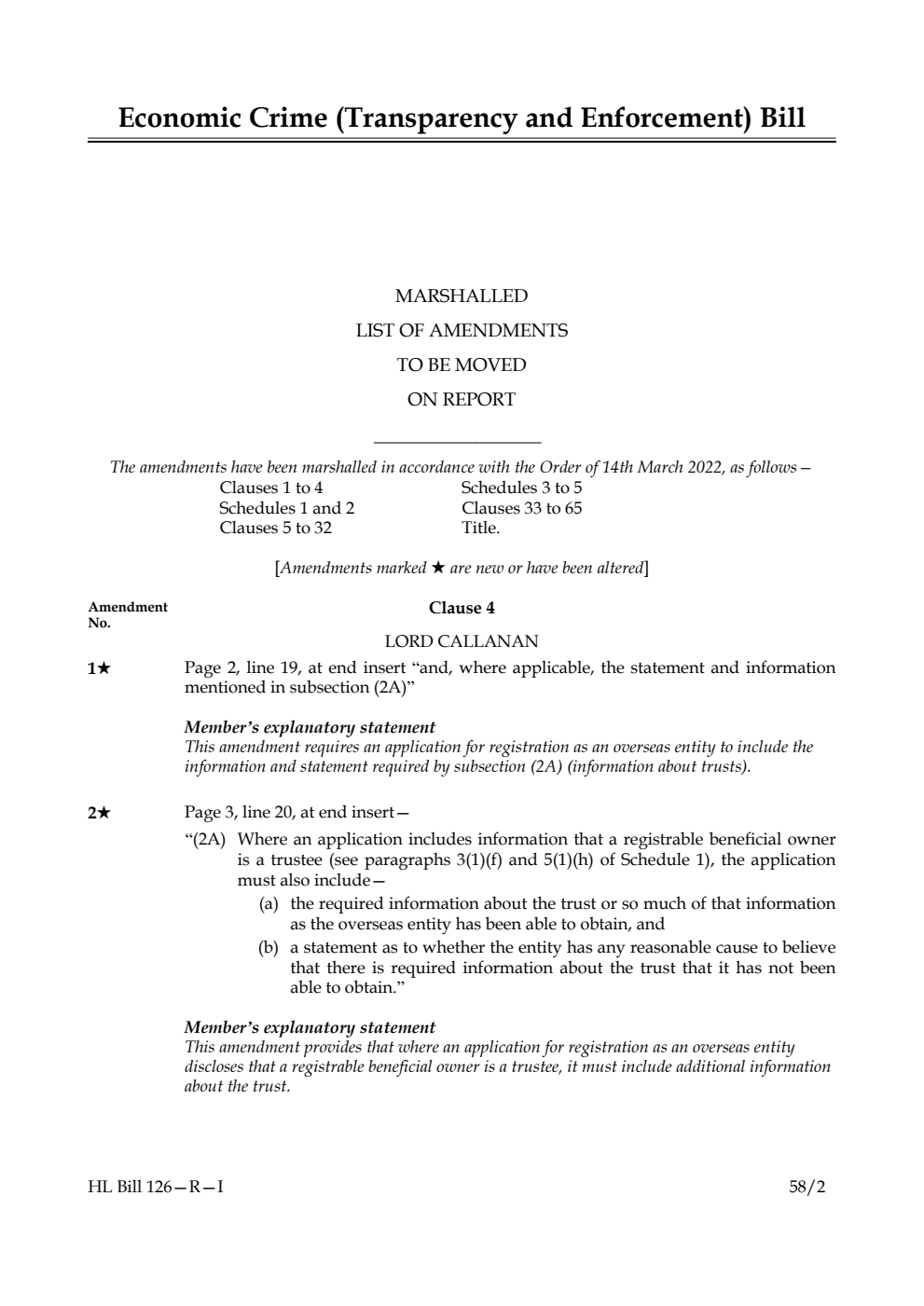 Economic Crime (Transparency and Enforcement) Bill Marshalled List of Amendments to be moved on report