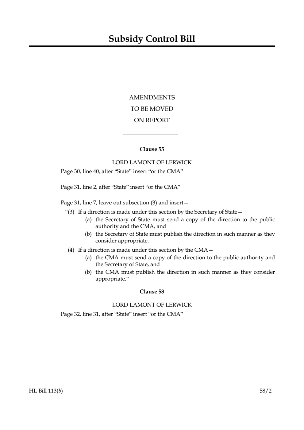 Subsidy Control Bill Amendments to be moved on Report