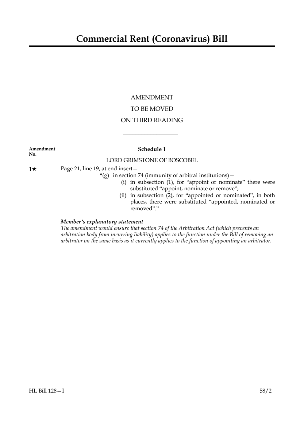 Commercial Rent (Coronavirus) Bill Amendment to be moved on third reading