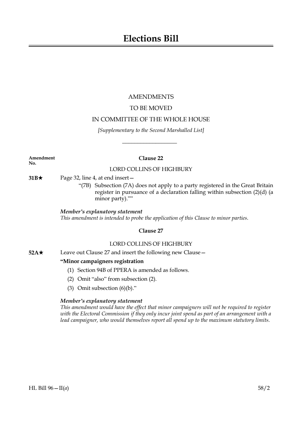 Elections Bill Amendments to be moved in Committee of the Whole House [Supplementary to the Second Marshalled List]