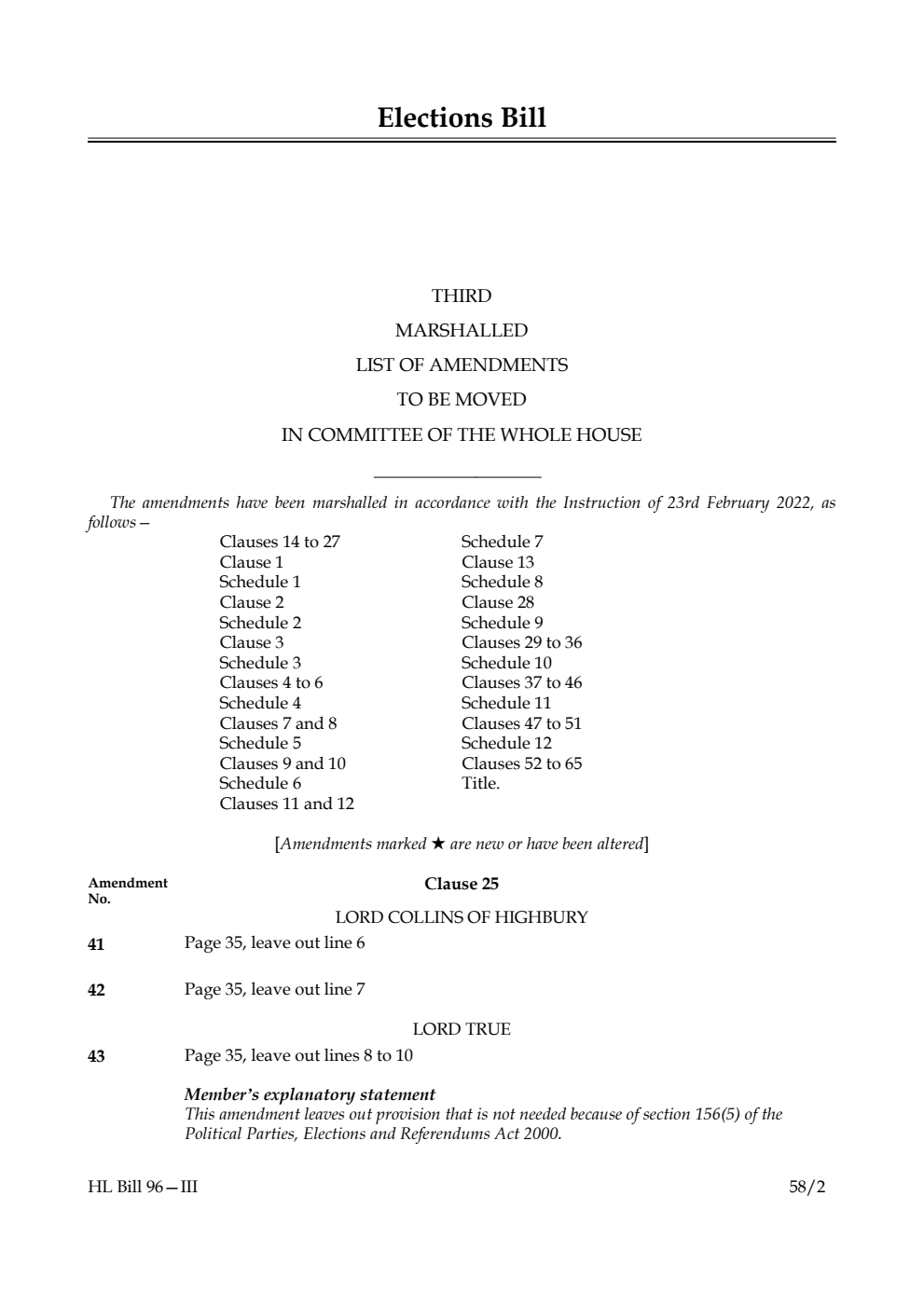 Elections Bill Third Marshalled List of Amendments to be moved in Committee of the Whole House
