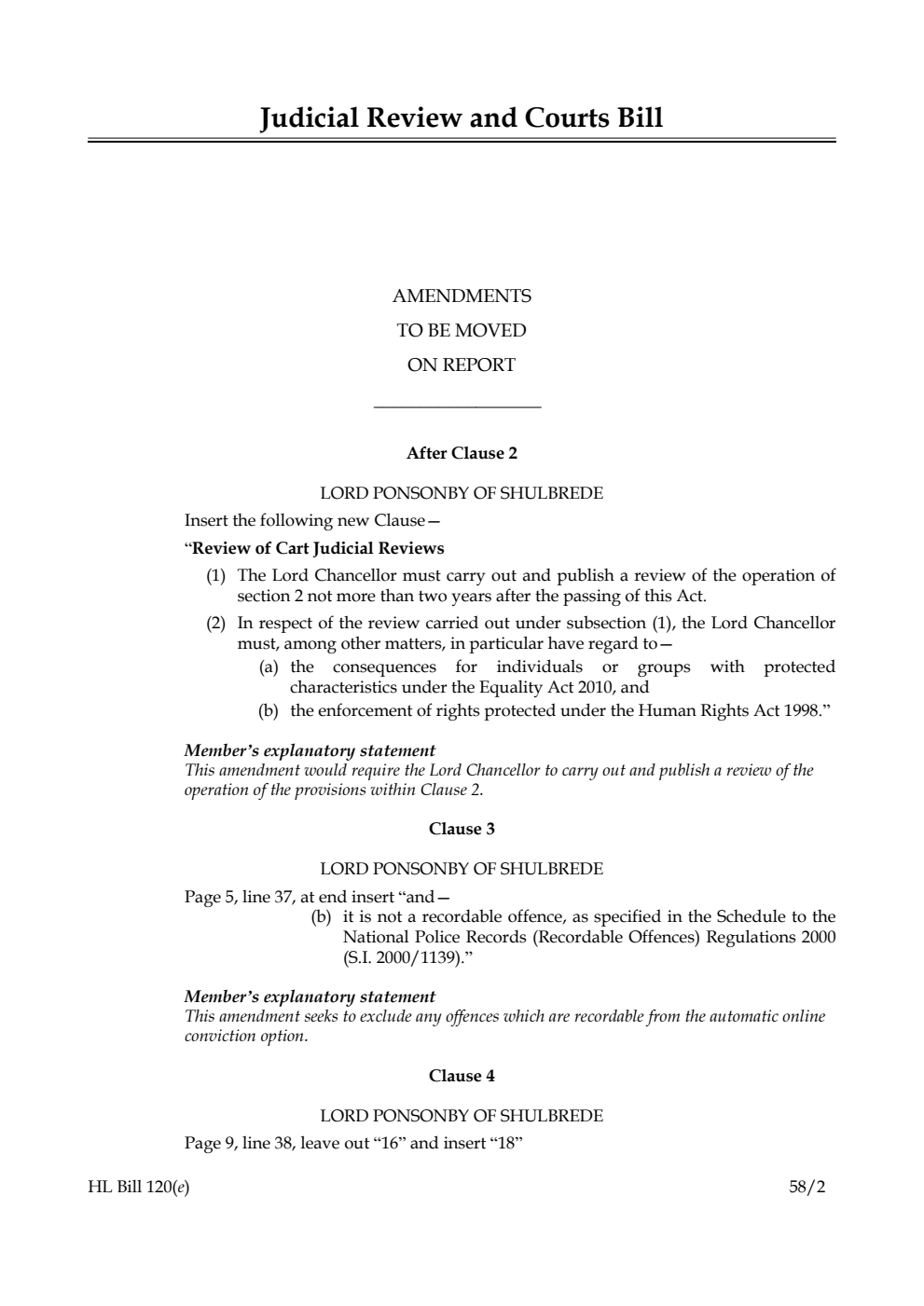 Judicial Review and Courts Bill Amendments to be Moved on Report