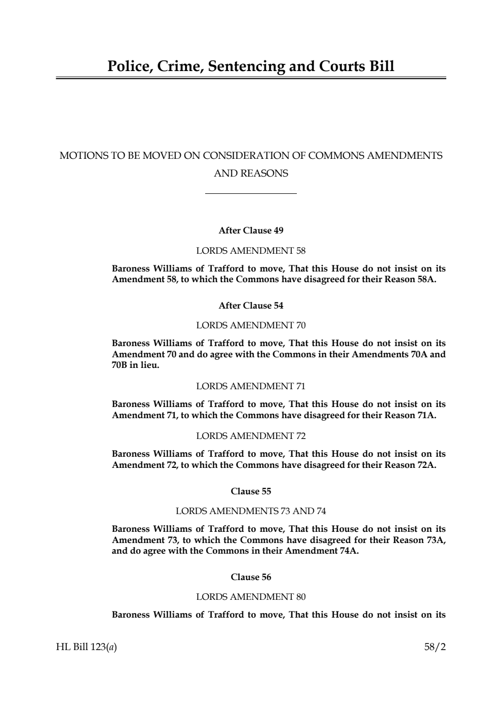 Police, Crime, Sentencing and Courts Bill Motions to be moved on consideration of Commons amendments and reasons