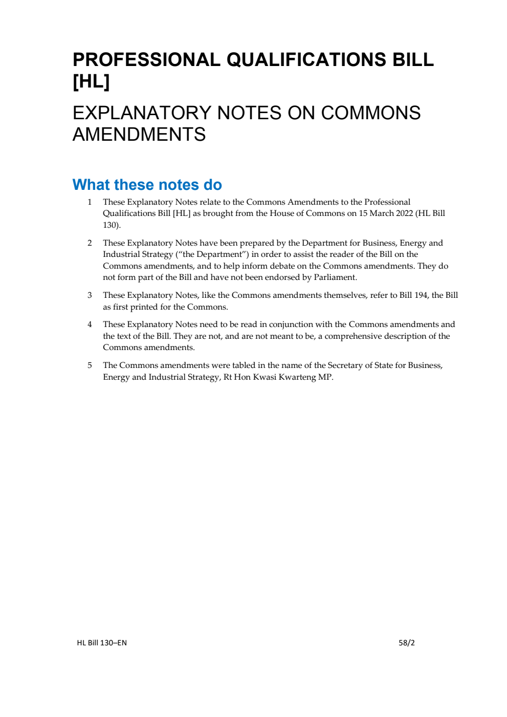 Professional Qualifications Bill Explanatory Notes on Commons Amendments