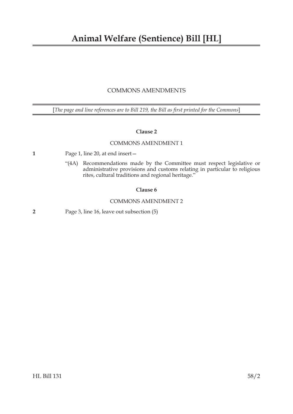 Animal Welfare (Sentience) Bill Commons Amendments