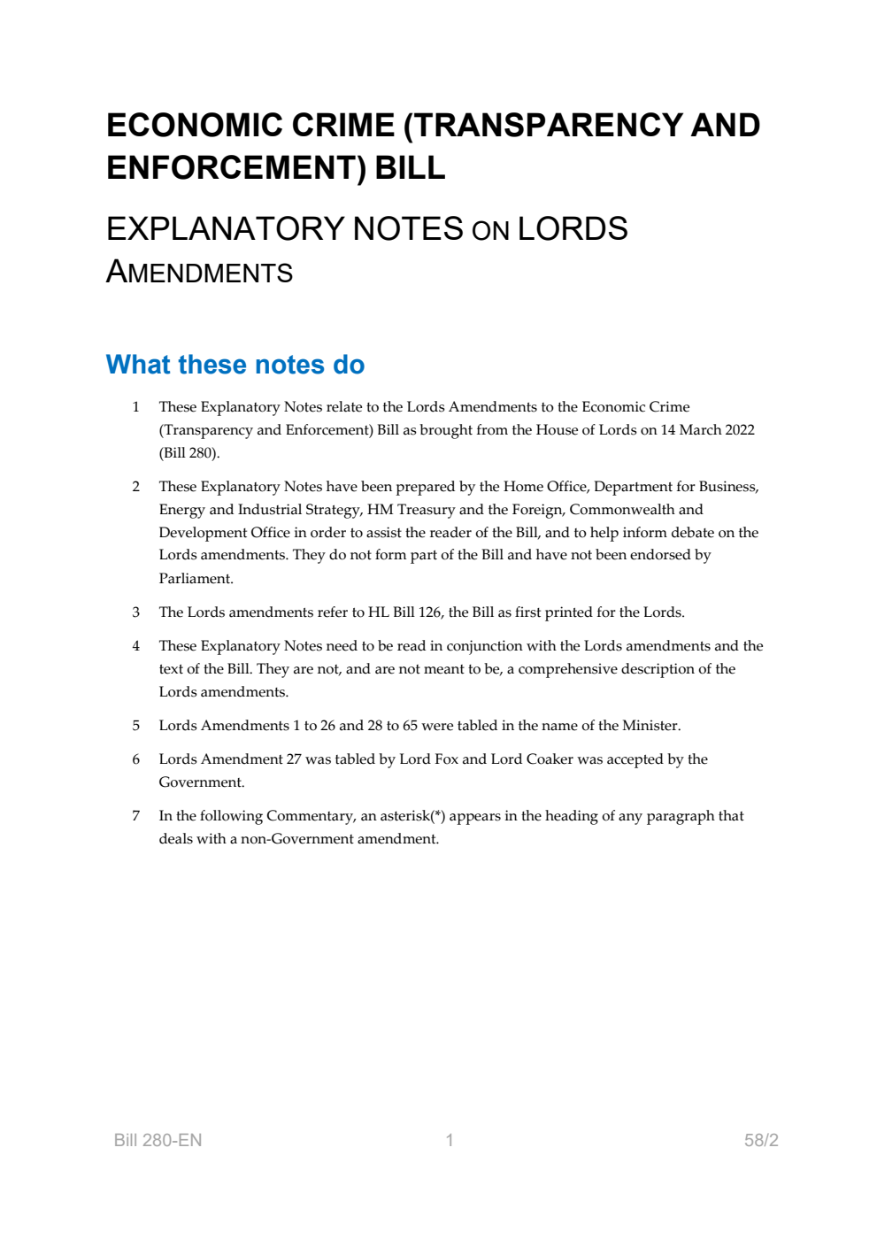Economic Crime (Transparency and Enforcement) Bill Explanatory Notes on Lords Amendments