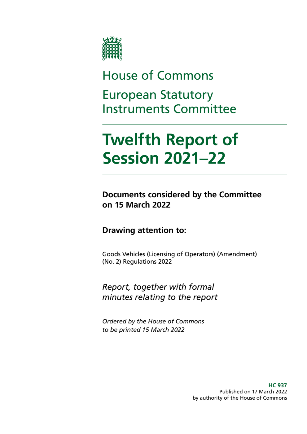 European Statutory Instruments Committee 12th Report of Session 2021-22