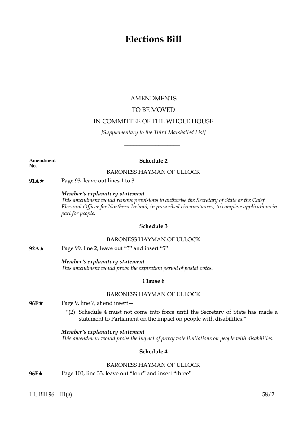 Elections Bill Amendments to be moved in Committee of the Whole House [Supplementary to the Third Marshalled List]