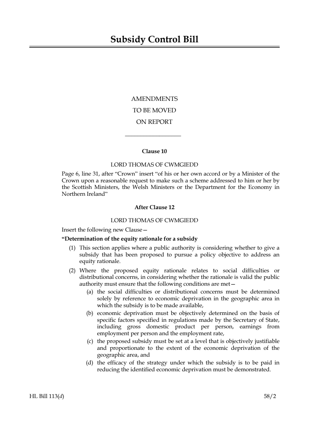 Subsidy Control Bill Amendments to be Moved on Report