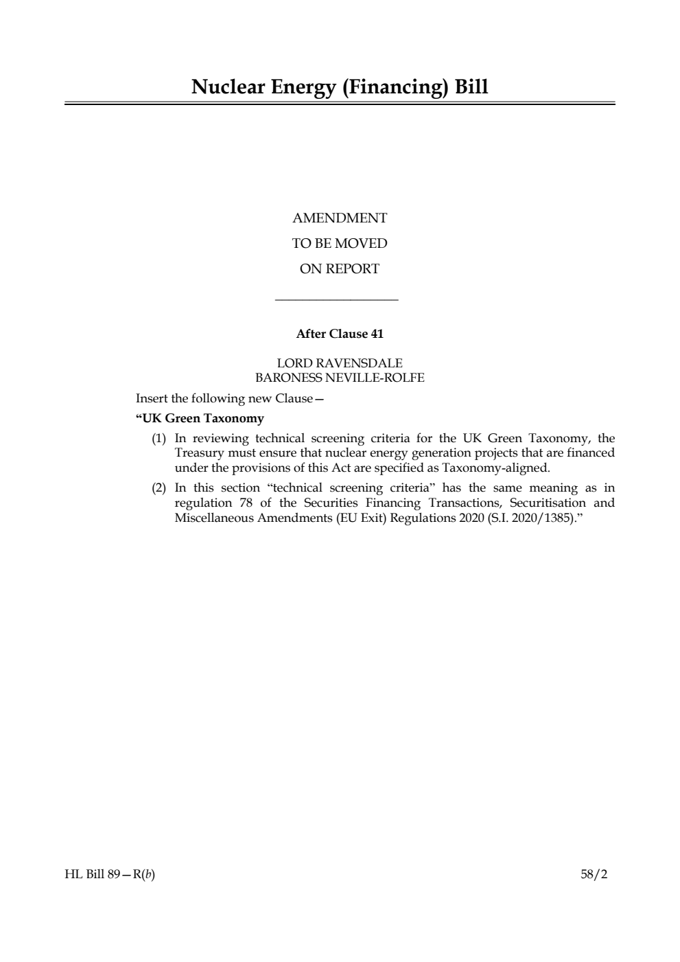 Nuclear Energy (Financing) Bill Amendment to be moved on Report