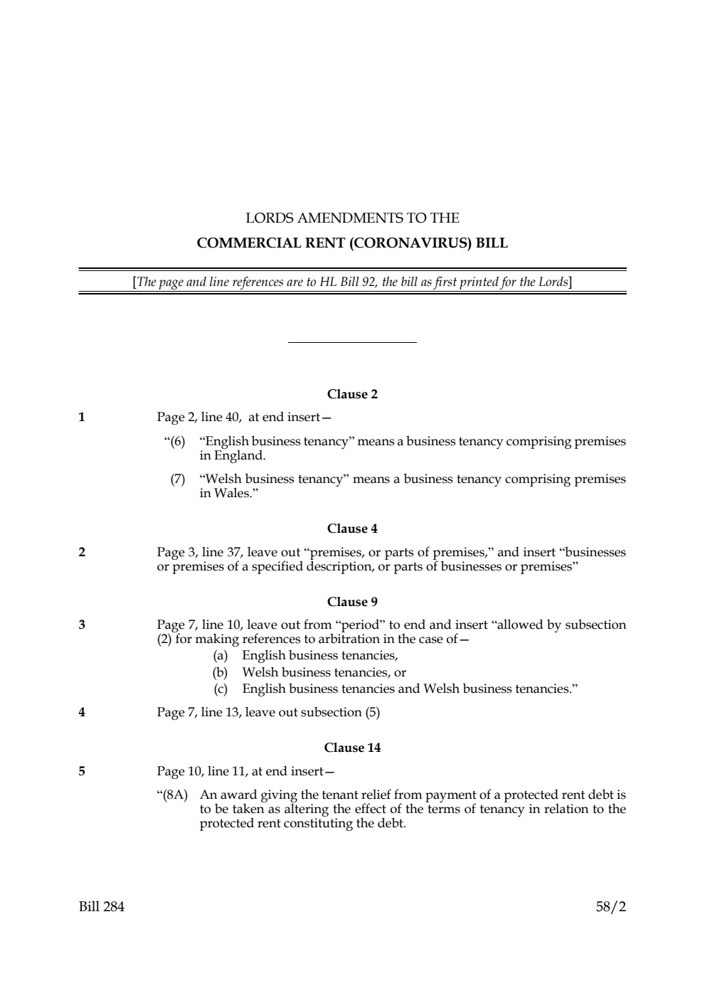 Lords Amendments to the Commercial Rent (Coronavirus) Bill
