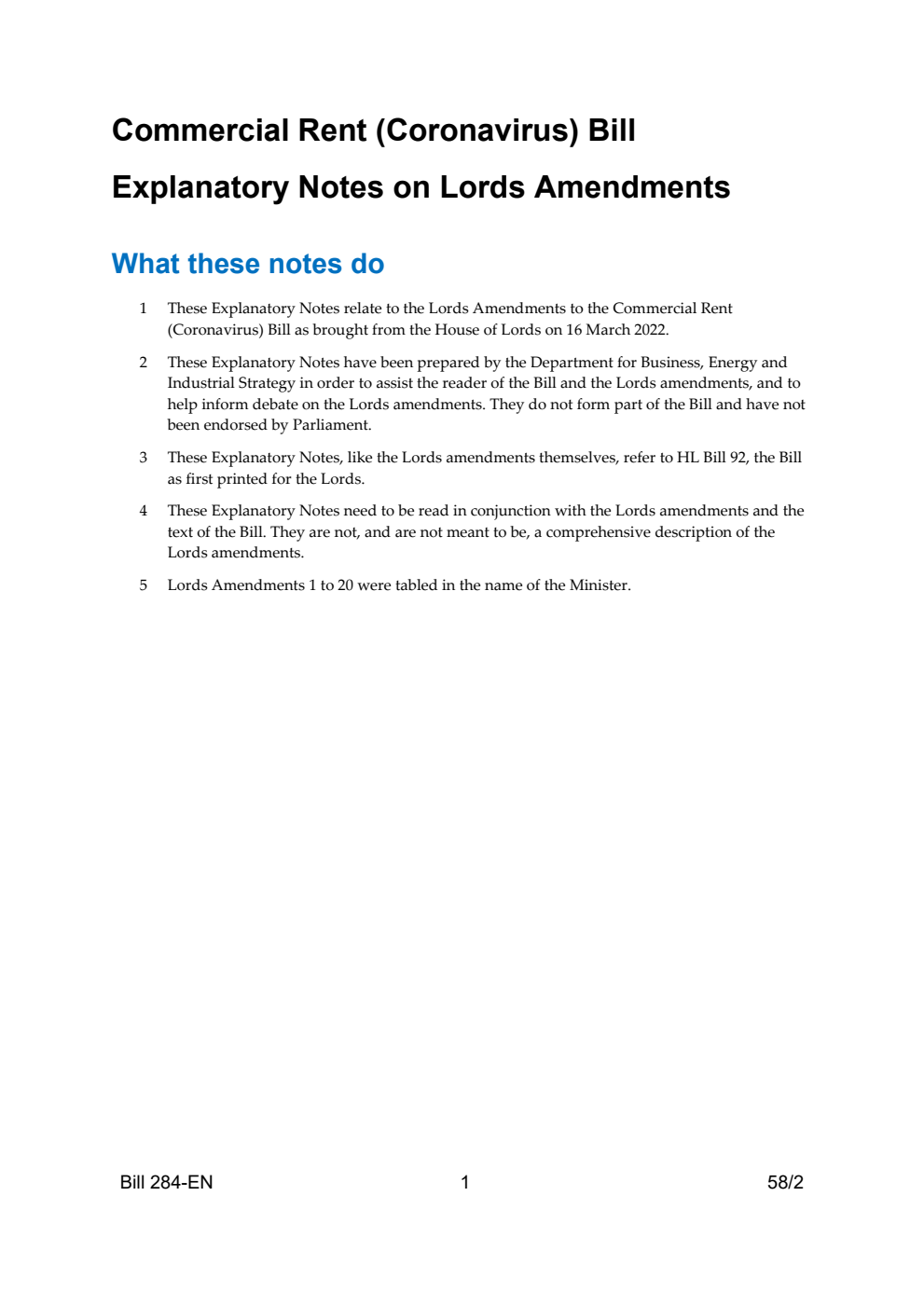 Commercial Rent (Coronavirus) Bill Explanatory Notes on Lords Amendments