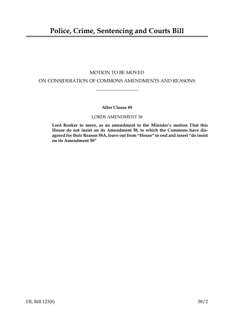 Police, Crime, Sentencing and Courts Bill Motion to be moved on Consideration of Commons Amendments and Reasons