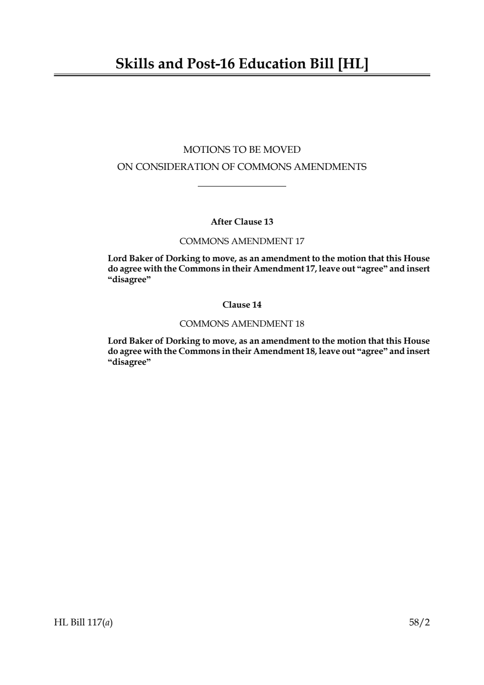 Skills and Post-16 Education Bill Motions to be moved on Consideration of Commons Amendments
