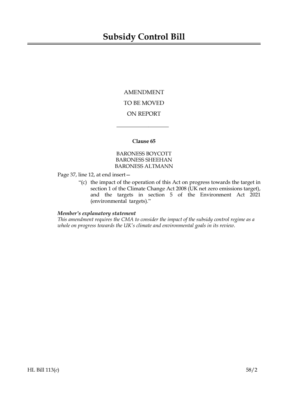 Subsidy Control Bill Amendment to be Moved on Report