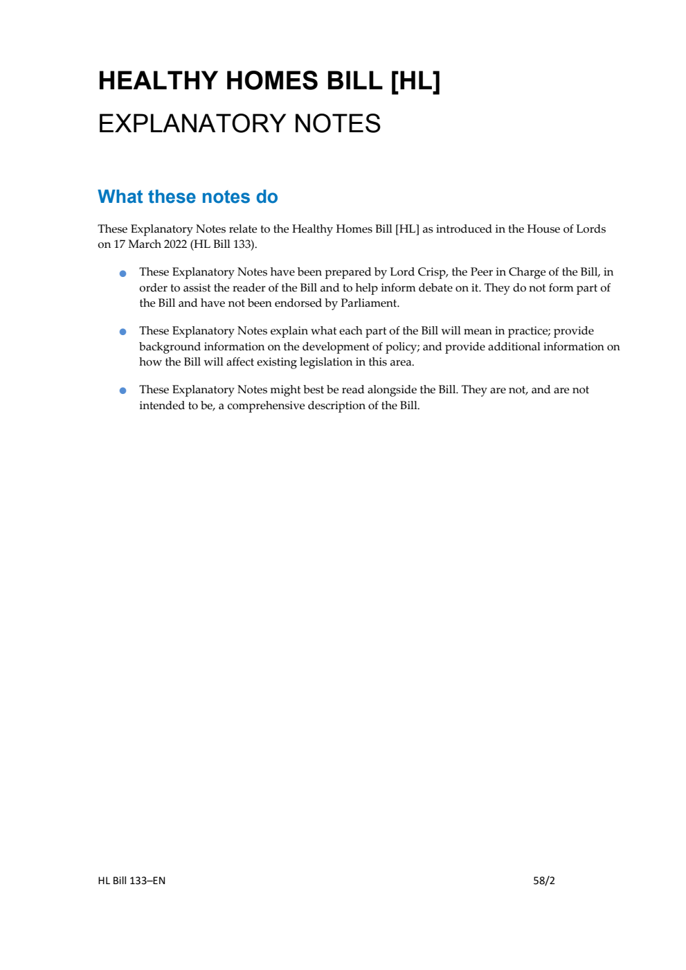 Healthy Homes Bill Explanatory Notes