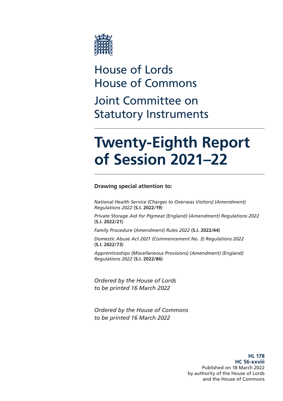 Joint Committee on Statutory Instruments 28th Report of Session 2021-22
